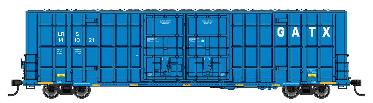 WalthersMainline HO 60' High Cube Plate F Horizontal Post Boxcar - Ready to Run -- GATX Leasing LRS #141021 (blue, white)