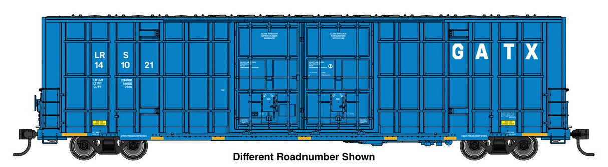WalthersMainline HO 60' High Cube Plate F Horizontal Post Boxcar - Ready to Run -- GATX Leasing LRS #141049 (blue, white)