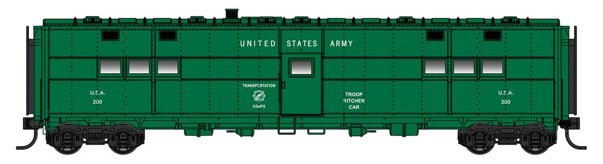 WalthersProto HO ACF-Built Troop Kitchen Car - Lighted - Ready to Run -- US Army Kitchen #200