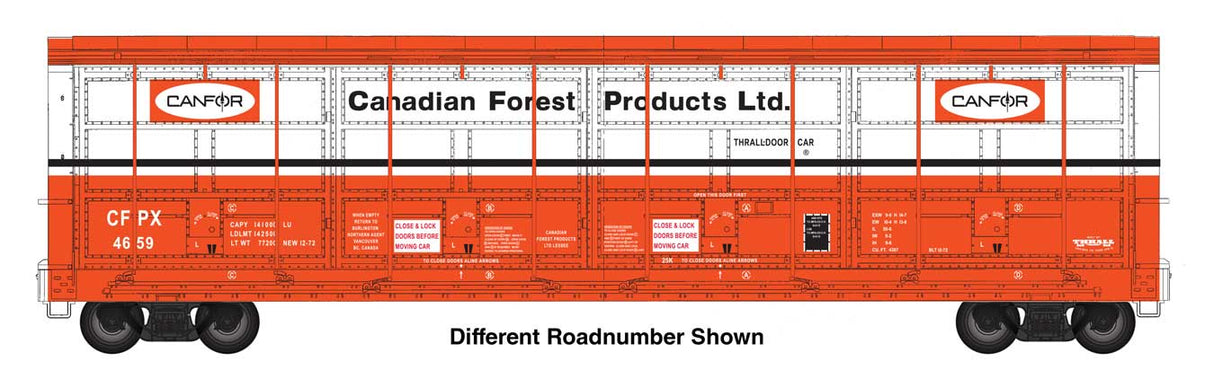WalthersProto 56' Thrall All-Door Boxcar - Ready to Run -- Canfor (Red) #4674