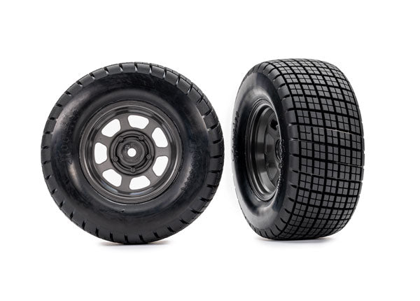 Traxxas 10474 Tires & Wheels, assembled, glued (dirt oval, graphite - Gray Wheels, Hoosier Tires, foam Inserts) (2) (4WD Front/Rear, 2WD Rear only)