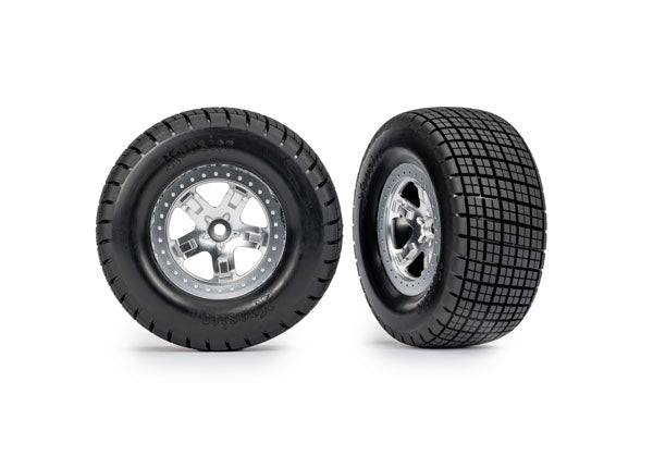 Traxxas 10475 Tires & Wheels, assembled, glued (SCT, satin chrome Wheels, beadlock type (dual profile 2.2" outer 3.0" inner, Hoosier Tires, foam Inserts) (2) (4WD Front/Rear, 2WD Rear only)