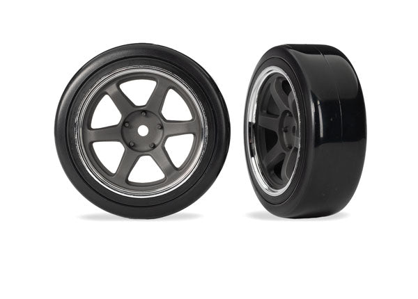 Traxxas 10574 Tires & Wheels, assembled, glued (six spoke graphite - Gray Wheels w/chrome rim, 1.9" Drift Tires (1 dot, hard, rough surfaces)) (Front) (2)