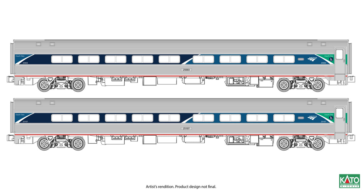 Kato 106-6295 N Amfleet II Coach 2-Pack - Ready to Run -- Amtrak (AMT) #25003, 25107 (Phase VII, stainless, blue, green)