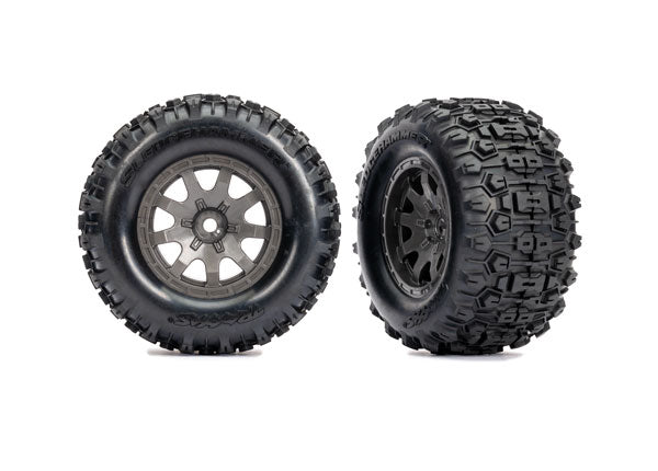 Traxxas 10770-GRAY Mini Maxx Tires & Wheels, assembled (charcoal - Gray Wheels, dual profile (2.1" outer, 2.6" inner), Sledgehammer Tires, foam Inserts)) (Rear) (2)