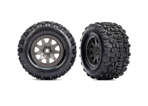 Traxxas 10771-GRAY Mini Maxx Tires & Wheels, assembled (charcoal - Gray Wheels, dual profile (2.1" outer, 2.6" inner), Sledgehammer Tires, foam Inserts)) (Front) (2)