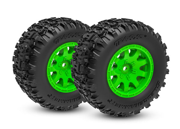 Traxxas 10771-GRN Mini Maxx Tires & Wheels, assembled (Green Wheels, dual profile (2.1" outer, 2.6" inner), Sledgehammer Tires, foam Inserts)) (Front) (2)
