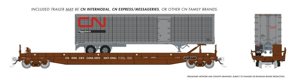 Rapido Trains HO Vancouver Iron Works Piggyback Flatcar: Canadian National: Single Car -- Random Road # from set w/ 45' Trailers