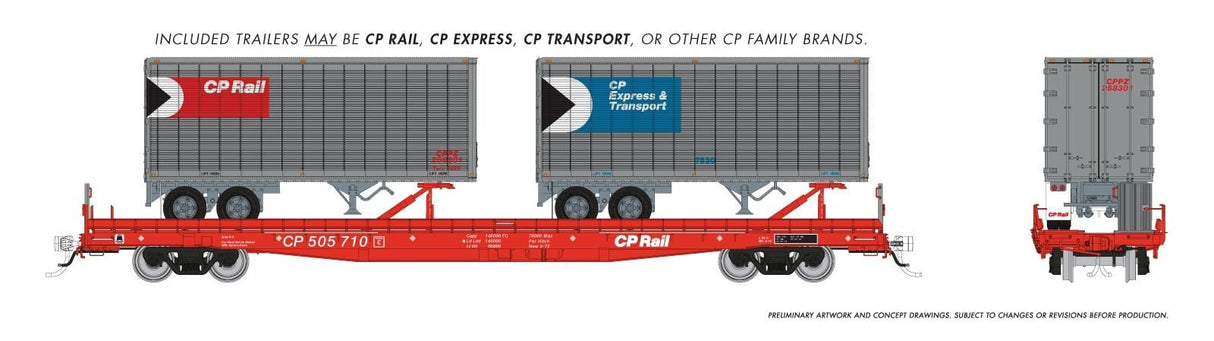 Rapido Trains HO Marine Industries Piggyback Flatcar: CP Rail: Single Car -- Random Road # from set w/ 26' Trailers