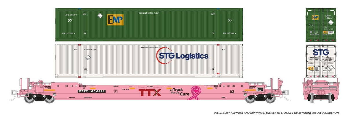Rapido Trains HO 53' Husky-Stack well car + containers: TTX "On Track for a Cure": #475412