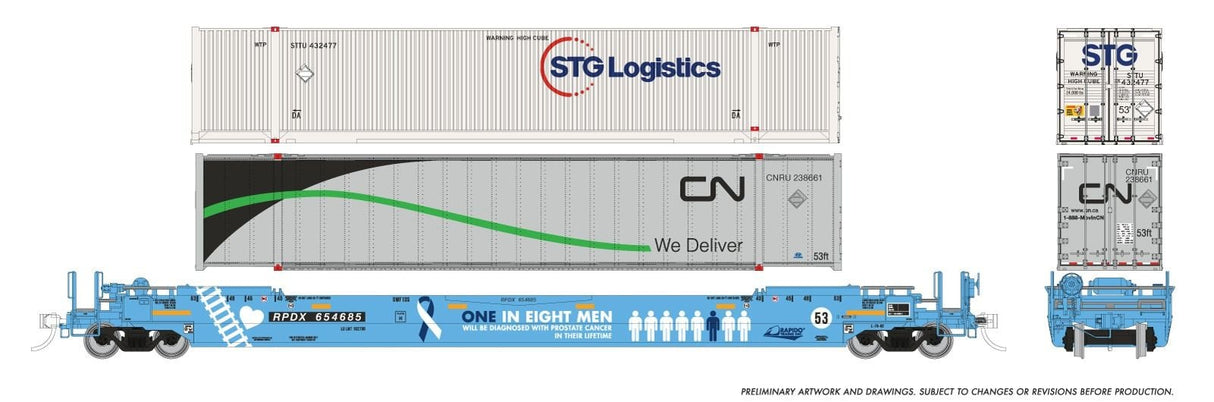 Rapido Trains HO 53' Husky-Stack well car + containers: RPDX "Prostate Cancer Awareness": #654685