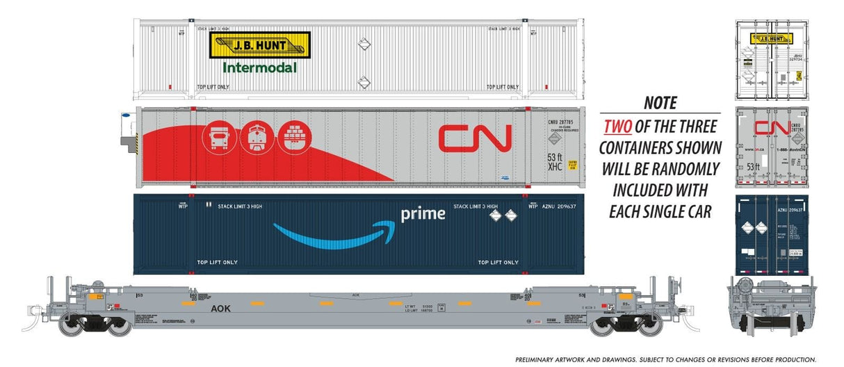 Rapido Trains HO 53' Husky-Stack well car + containers: AOK: Single Car -- Random Road # from set