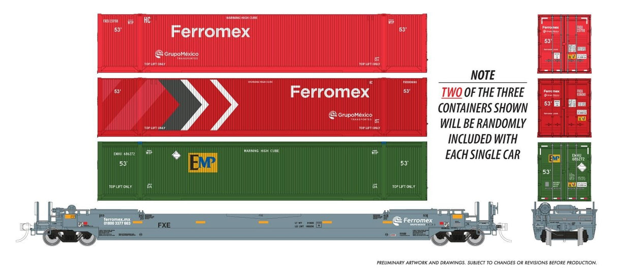 Rapido Trains HO 53' Husky-Stack well car + containers: Ferromex: Single Car -- Random Road # from set
