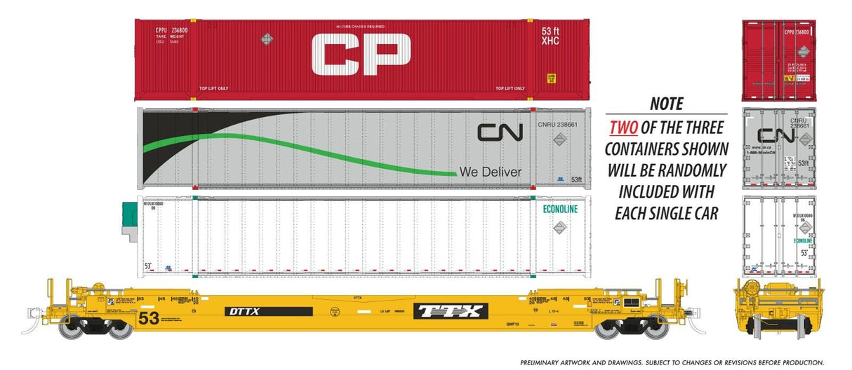 Rapido Trains HO 53' Husky-Stack well car + containers (CAN): TTX - As Delivered: Single Car -- Random Road # from set