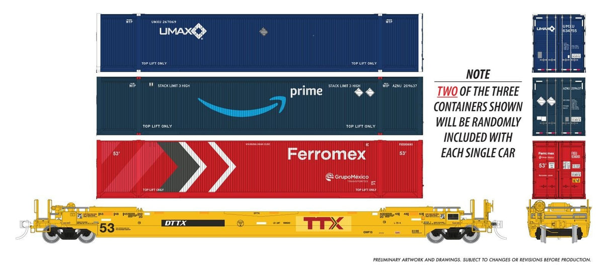 Rapido Trains HO 53' Husky-Stack well car + containers: TTX - Patched Logo: Single Car -- Random Road # from set