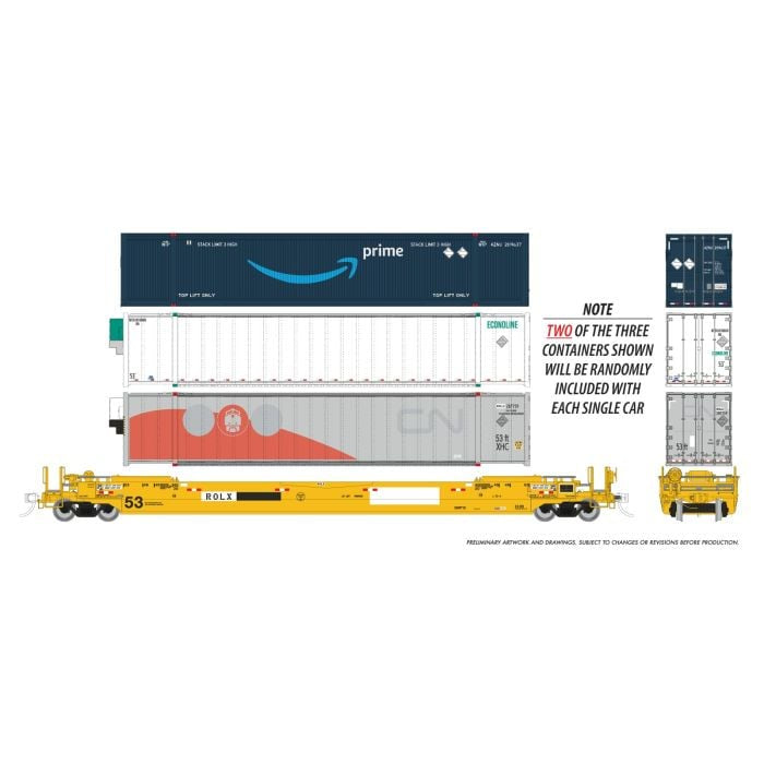 Rapido Trains HO 53' Husky-Stack well car + containers: ROLX: 3-Pack