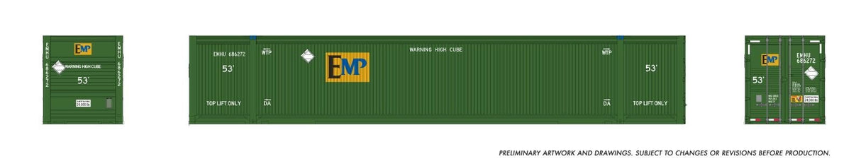 Rapido Trains HO 53' Reinforced Outside-Braced Container (2-pack): EMP - Green