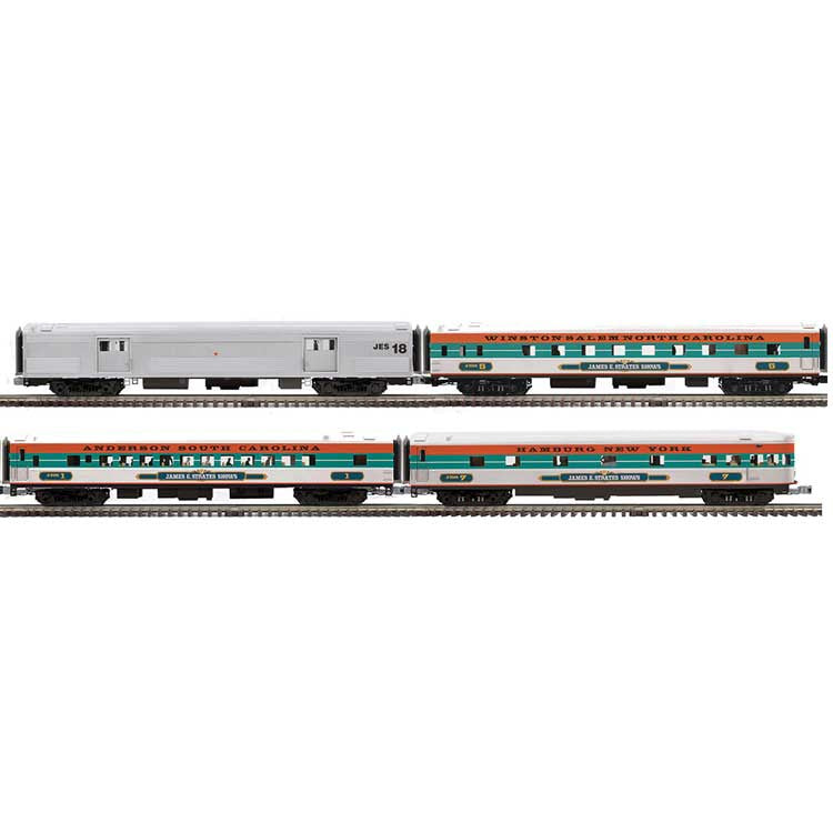 Atlas O Premier 70' Streamlined Passenger Cars (4-Car Set) - James E Strates Shows Baggage #18,Coach - Anderson, Sleeper - Winston Salem, Observation - Hamburg