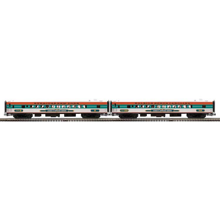 Atlas O Premier 70' Streamlined Passenger Cars (2-Car Coach Set) - James E Strates Shows #2 Syracuse NY, #52 Raleigh NC (white, green, orange)