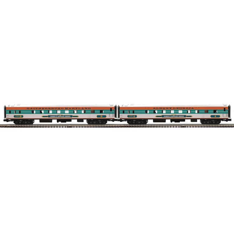 Atlas O Premier 70' Streamlined Passenger Cars (2-Car Sleeper Set) - James E Strates Shows #3 Gaithersburg MD, #4 Albany GA (white, green, orange