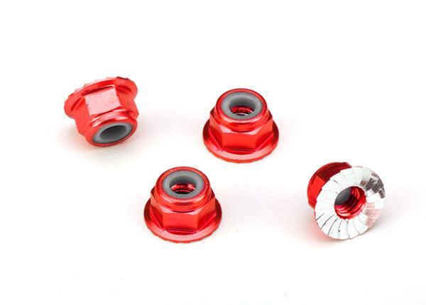 Traxxas 1747A Nuts, aluminum, flanged, serrated (4mm) (red-anodized) (4)
