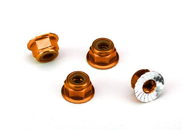 Traxxas 1747T Nuts, aluminum, flanged, serrated (4mm) (orange-anodized) (4)