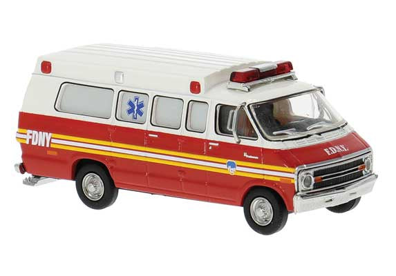 Brekina HO 1970s Dodge Ambulance - Assembled -- New York Fire Department FDNY (red, white, yellow)