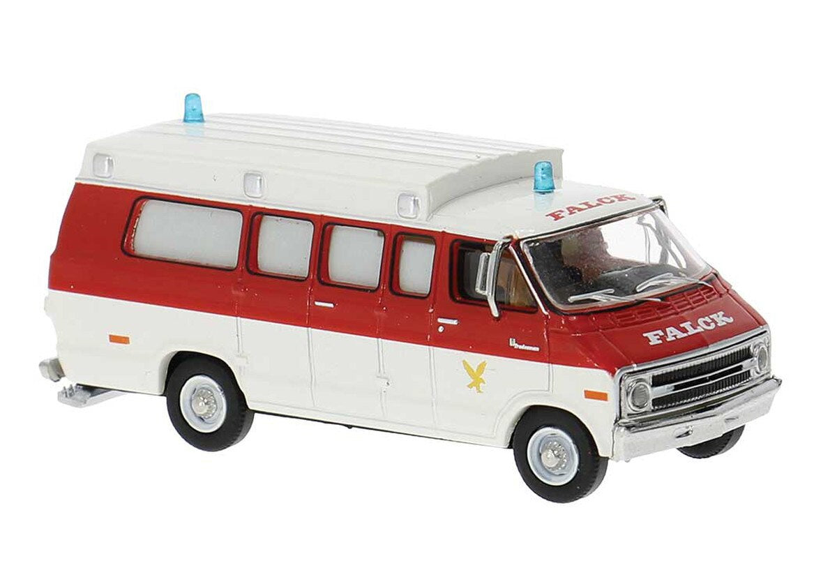 Brekina HO 1970s Dodge Passenger Van Ambulance - Assembled – Falck (white, red)