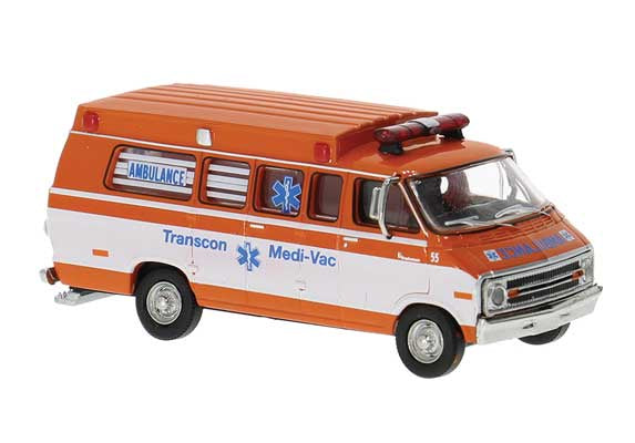 Brekina HO 1970s Dodge Passenger Van Ambulance - Assembled -- Transcon (orange, white)