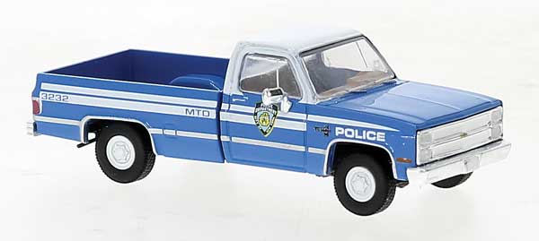 Brekina HO 1981 GMC Sierra Grande C10 Pickup Truck - Assembled -- New York Police Department (blue, white)