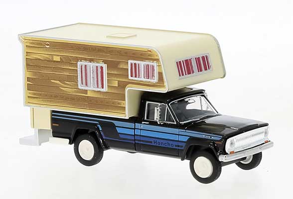 Brekina Automodelle 1968 Jeep Gladiator B Pickup Truck with Camper Body - Assembled -- Black, Blue, White - 175-19836