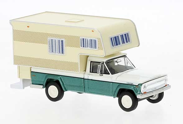 Brekina Automodelle 1968 Jeep Gladiator B Pickup Truck with Camper Body - Assembled -- White, Green Cream - 175-19837