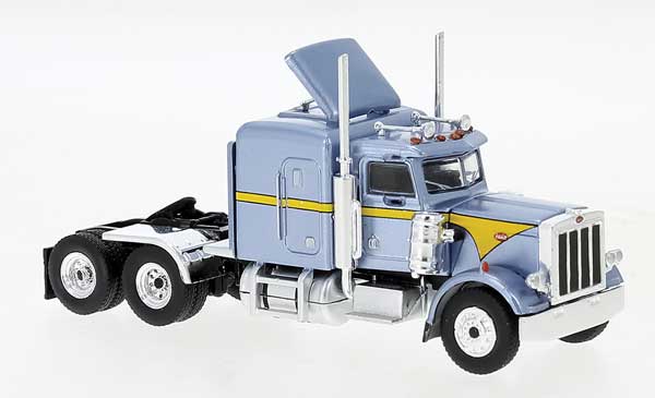Brekina 1973 Peterbilt 359 Sleeper-Cab Tractor - Assembled -- Metallic Blue, Yellow - 175-85711