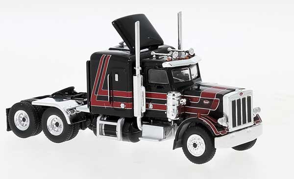 Brekina 1973 Peterbilt 359 Sleeper-Cab Tractor - Assembled -- Black, Red - 175-85713