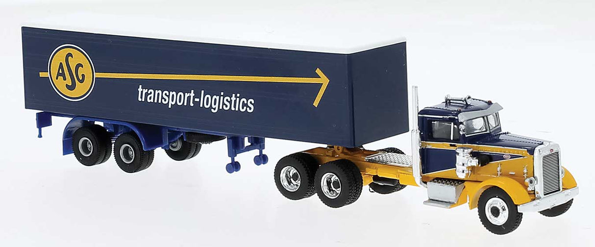 Brekina HO Scale 1955 Peterbilt 281 Semi Tractor with Van Trailer - Assembled -- ASG (blue, yellow, white)