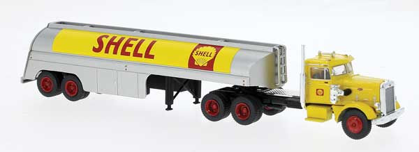 Brekina HO 1955 Peterbilt 281 Semi Tractor with Tank Trailer - Assembled -- Shell (yellow, silver, red)