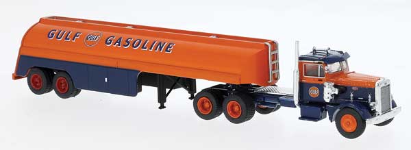 Brekina HO 1955 Peterbilt 281 Semi Tractor with Tank Trailer - Assembled -- Gulf (orange, blue)