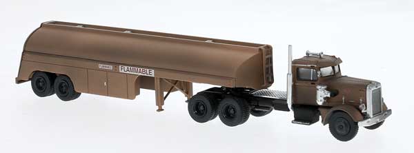Brekina HO 1955 Peterbilt 281 Semi Tractor with Tank Trailer - Assembled -- Painted, Data Only (Weathered, brown, rust)