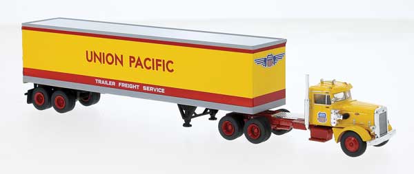 Brekina HO 1955 Peterbilt 281 Semi Tractor with Van Trailer - Assembled -- Union Pacific (Armour Yellow, red, gray)