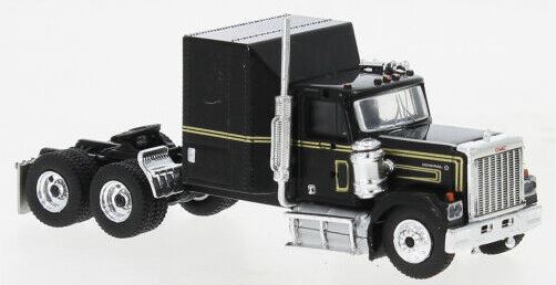 Brekina Automodelle 1980 GMC General Sleeper-Cab Tractor - Assembled -- Black, Yellow Pinstriping - 175-85776