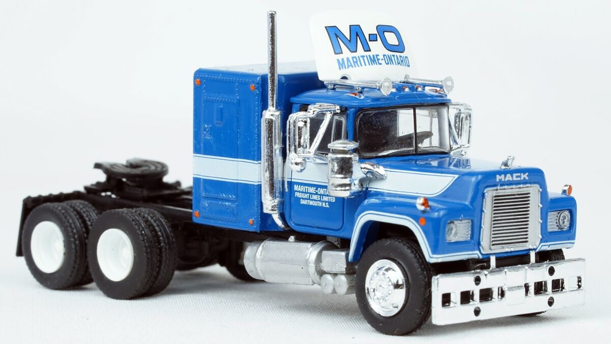 Brekina HO 1970 Mack RS 700 Sleeper-Cab Semi Tractor Only - Assembled -- Maritime Ontario #1 (blue, white)