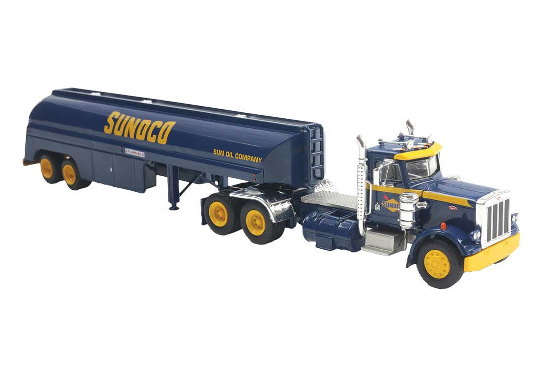 Brekina HO Peterbilt 359 Semi Tractor with Tank Trailer - Assembled -- Sunoco (blue, yellow)