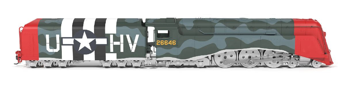 Broadway Limited HO Streamlined 4-6-4 Hudson, Disc Drivers - Sound, DCC & Smoke - Paragon4(TM) -- US Army Air Force USAAF #HV-U (Fantasy Scheme, red, gray camouflage)