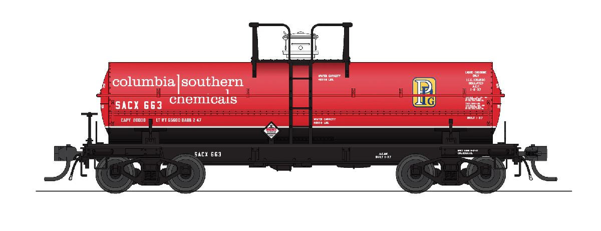 Broadway Limited HO 6000-Gallon Chlorine Tank Car 2-Pack - Ready to Run -- Columbia Southern SACX #655, 656 (red, black, white, PPG Logo)