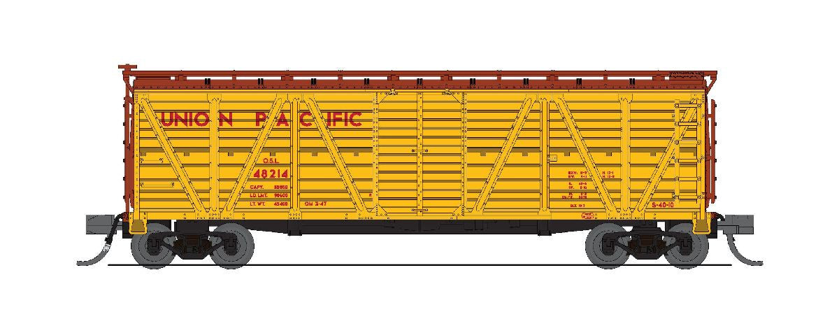 Broadway Limited N 40' Stock Car with Hog Sounds - Ready to Run -- Union Pacific (UP) #48237 (yellow, Boxcar Red)