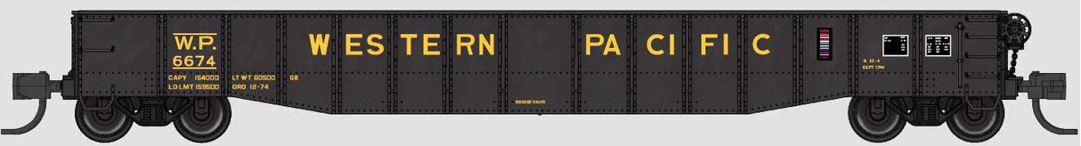 Bluford Shops N-Scale 52'6" 15-Panel Mill Gondola - Lightly Dented Sides - Ready to Run -- Western Pacific #6674 (black, yellow)