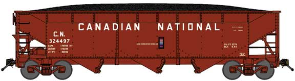 70-Ton Offset-Side 3-Bay Hopper w/Load - Ready to Run -- Canadian National #324497 (Boxcar Red, 12" Billboard Lettering)