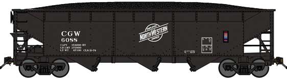 70-Ton Offset-Side 3-Bay Hopper w/Load - Ready to Run -- Chicago & North Western CGW #6088 (black,white Employee Owned Logo)