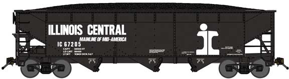 70-Ton Offset-Side 3-Bay Hopper w/Load - Ready to Run -- Illinois Central #67141 (black, white, Split Rail Logo)
