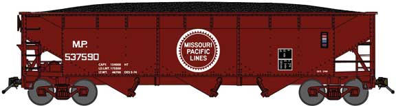 70-Ton Offset-Side 3-Bay Hopper w/Load - Ready to Run -- Missouri Pacific #537590 (Boxcar Red, Large Centered Buzz Saw Logo)